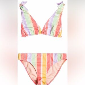 Roxy Girls' Sunkissed Coral Salty Sunset Striped Bikini Top & Bottom Size 10 NWT